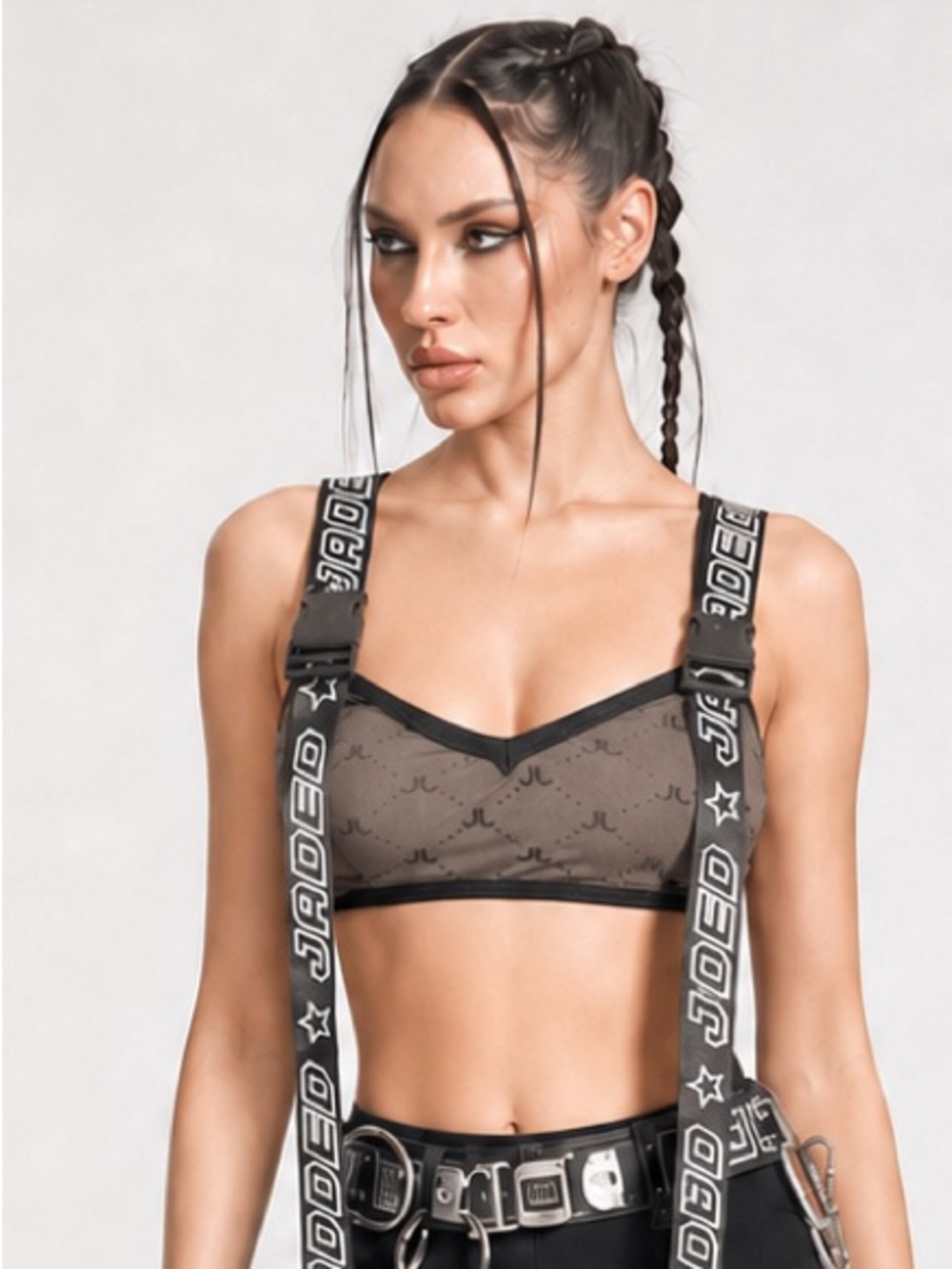 JADED LONDON Mesh Crop Bralette Rave Festival Bra Buckles Logo Straps Black XS